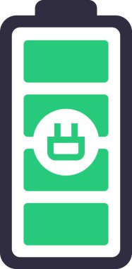 Pil ikonu elektrik gücü, enerji akışı ve çeşitli cihazlar için şarj sürecini gösteren canlı bir yeşil yük seviyesinin yanında bir dolgu sembolü göstererek şarj ediliyor