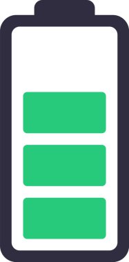 Ilımlı yük seviyesini gösteren üç yeşil çubuklu bir batarya simgesinin basit vektör çizimi, çeşitli enerji ve güç ile ilgili kavramlar için uygundur