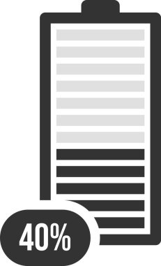 Batarya ikonu% 40 şarj gösteriyor, cihazın kalan güç seviyesini temsil ediyor. Çeşitli elektronik aletlerde ve teknolojide enerji durumunu görselleştirmek için ideal