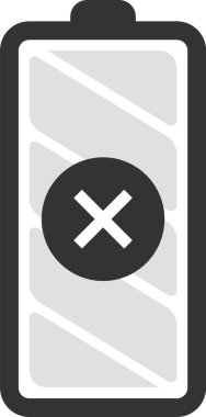 Çapraz işaret gösteren basit pil simgesi, düşük güç veya tükenmiş enerji rezervlerini gösterir, şarj etme veya değiştirme ihtiyacını sembolize eder