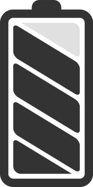 Düşük şarj seviyesini gösteren basit bir pil simgesi, daha açık gri bir arkaplan üzerinde köşegen gri çizgiler, yuvarlak dikdörtgen şeklinde, küçük bir üst çıkıntı ile çevrili