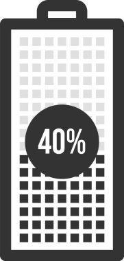 Batarya simgesi% 40 şarj düzeyinde, ızgara ve yüzde göstergesine sahip, çeşitli elektronik cihazlar için orta büyüklükte güç erişilebilirliğini temsil ediyor