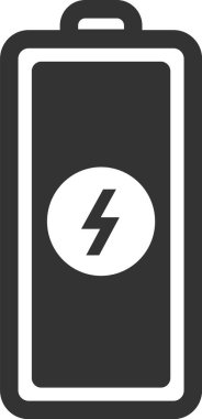 Belirgin bir şimşek sembolü içeren, enerji ve güç ile ilgili çeşitli kavramlar için uygun tam güç seviyesini gösteren, şarj edilmiş bir pil ikonunun minimalist vektör çizimi