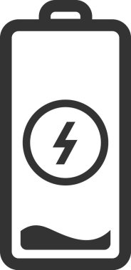 Düşük güç statüsüne sahip şarj bataryasının minimalist vektör çizimi, pil ikonu içinde bir yıldırım sembolü içerir, enerji yenileme kavramını temsil eder
