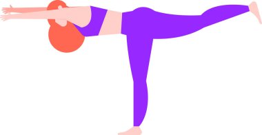 Kızıl saçlı, mor spor giysili, yoga savaşçısı pozu veren genç bir kadın. Bir bacağı üzerinde dengelenmiş, kolları ve bacağı uzatılmış. Fiziksel aktivite yoluyla sağlık ve refahı teşvik etmek