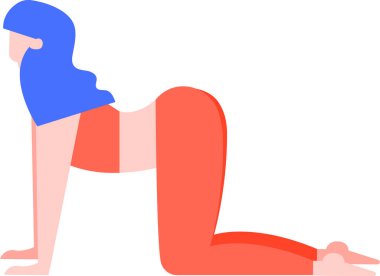 Sağlıklı bir yaşam tarzını benimseyen genç bir kadın yoga yapıyor. İnek pozunu zarif bir şekilde beyaz arka planda, canlı kırmızı ve mavi bir elbise içinde uyguluyor.