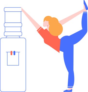 Ofis çalışanı yoga yaparken tek bacağını dengede tutuyor modern minimalist bir ortamda su soğutucusuna uzanıyor, bir iş molası sırasında sağlık ve sağlığı destekliyor.