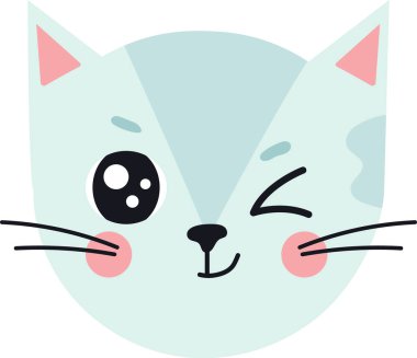 Sevimli açık mavi kedi yavrusu göz kırpıyor ve gülümsüyor. Sevimlilik ve çekicilik yayıyor. Çocuk kitapları için ideal.