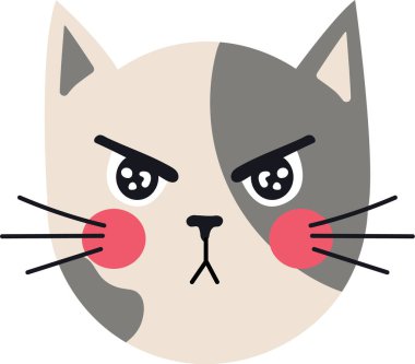 Huysuz bir kedinin karikatür çizimi çatık kaşlı ve dar gözlü pembe yanaklı, gri ve beyaz kürklü bir kedi.