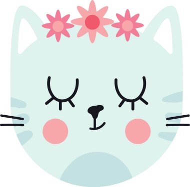 Pembe çiçeklerle süslenmiş turkuaz kedi yüzü, kapalı gözler, pembe yanaklar ve açık mavi bir çene, çocuklar için mükemmel ve sevimli bir vektör çizimi oluşturur.