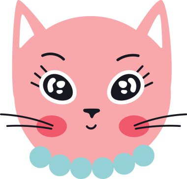 İnci kolye takan sevimli pembe kedi yavrusu mutlu bir şekilde göz kırpıyor, çocuk ürünleri ve tasarımları için mükemmel büyüleyici ve eğlenceli bir sahne yaratıyor.