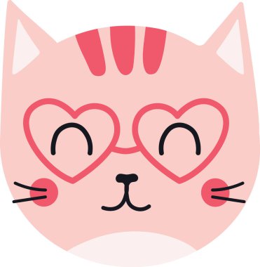 Kalp şeklinde gözlük takan sevimli pembe kedi mutlu bir şekilde gülümsüyor. Sevgililer Günü için mükemmel ve romantik bir ortam yaratıyor. Ya da aşkı ve sevgiyi kutlayan herhangi bir olay için.