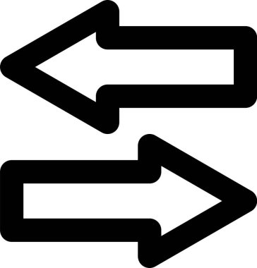 Karşıt yönlere bakan iki kalın siyah ok, dijital bir bağlamda iletişimi ve bağlantıyı gösteren, veri ve bilginin iki yönlü bir alışverişini veya transferini temsil eder.