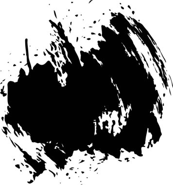 Büyük kaba dairesel siyah fırça darbesi ve sıçramış mürekkep damlaları beyaz arka planda soyut bir şekil yaratır, tasarımlara grunge ya da sanatsal bir dokunuş eklemek için mükemmeldir.