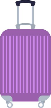 Seyahat ve iş seyahatleri için tasarlanmış, temiz beyaz bir arkaplanda izole edilmiş macera ve keşfe hazır, geniş bir sapı olan dikey mor yuvarlak bavul.