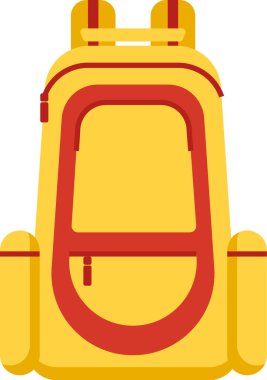 Kırmızı ayrıntı içeren canlı sarı bir sırt çantası, yürüyüş, kamp ya da açık hava maceraları için idealdir, geniş bir depolama alanı sunar ve geziler sırasında konfor için tasarlanır.