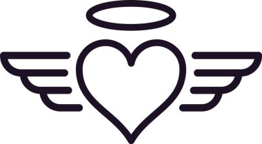 Aşkı, maneviyatı ve özgürlüğü temsil eden, Sevgililer Günü ve ilham verici temaları temsil eden, kanatlı ve haleli bir kalp içeren minimalist çizgi çizgisi çizimi.