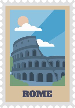 Roma, İtalya 'daki ikonik Colosseum' un posta pulu tasarımı stilize bulutlar ve parlak bir güneşle bezenmiş canlı mavi gökyüzüne karşı seyahat ve turizmin özünü yakalıyor.