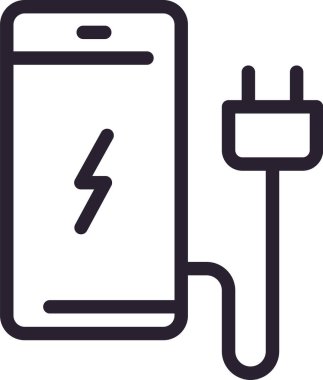 Pil şarj ikonu, modern teknolojide enerji, güç ve bağlantı kavramlarını gösteren bir elektrik prizinin yanında bir yıldırım sembolü gösteren bir akıllı telefon içeriyor.