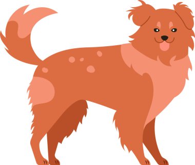 Çizgi filmlerde kuyruğu sallanan ve dili dışarı çıkmış neşeli kahverengi bir köpeğin mutluluk ve neşe dolu bir şekilde duruşu anlatılıyor.