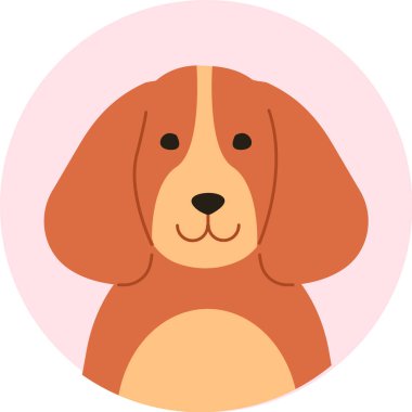 Basset av köpeğinin ileriye bakan çizgi film çizimi. Pembe bir daireye yerleştirilmiş. Sevimlilik ve dostluk hissi veriyor.