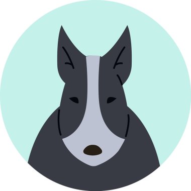 Açık yeşil bir çember içinde ileriye bakan boğa teriyeri köpek portresi, minimalist bir vektör illüstrasyon stili içerir, bu onun dostane ve tapılası özelliklerini vurgular.