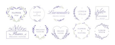 El yapımı lavanta amblemleri. Zarif çiçek rozeti şablonları lavanta filizi, çiçek çelenkleri ve kalp şeklinde çerçeveler. Provence çiçek etiketleri vektör kümesi.