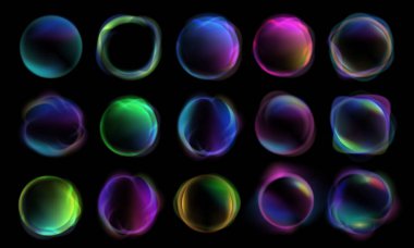 Soyut parlak eğimli küreler. Renkli baloncuklar, dalgalı eğimli dijital dairesel şekiller ve ışık efektleri. Bulanık gradyan ağ vektörü setiyle yaratıcı yuvarlak sıvı form arkaplanı.