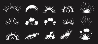 Çizgi film yüzey patlaması şekilleri. Patlayıcı patlama simgeleri, duman bulutlu dinamik patlama, güç sıçraması ve çarpma sembolleri şablon siluet vektörü ayarlandı.