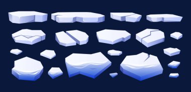Yüzen buz çizgi filmi. Antarktika parçalarını ve çeşitli buzulları yüzdürür. Soğuk suda donmuş arktik buz blokları izole edilmiş vektör çizimleri ayarlandı.