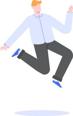 Mutlu iş adamı kollarını açıp atlıyor, kariyer başarısını, başarısını ve başarısını kutluyor, neşe ve heyecanı ifade ediyor, günlük iş kıyafetleri giyiyor.