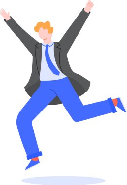 Takım elbiseli mutlu işadamı koşuyor ve başarıyı kollarını kaldırarak kutluyor, hedeflere ulaşmak veya iş anlaşması kazanmak için sevinç ve coşku ifade ediyor