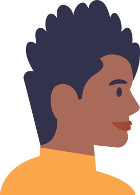 Beyaz arka planda izole edilmiş basit düz vektör çizimi, kıvırcık saçları ve günlük kıyafetleri olan gülümseyen siyah bir adamın profil görüntüsü.