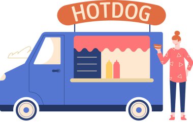 Müşteri canlı mavi bir yemek kamyonunun yanında sosisli sandviç tutuyor, tezgahta hardal ve ketçap şişeleri sergiliyor, lezzetli bir sokak yemeği deneyiminin tadını çıkarıyor.