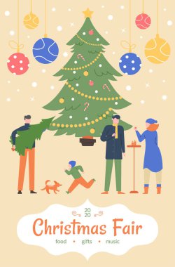 İnsanlar yılbaşı panayırında eğleniyorlar, Noel ağacı alıyorlar, yiyip içiyorlar, renkli Noel baloları asıyorlar ve bir çocuk köpeğiyle koşuyor.