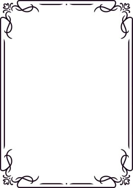 Çiçekli köşeleri ve zarif girdapları olan klasik dekoratif çerçeve boş bir alanın etrafında karmaşık bir sınır oluşturuyor, sertifikalar, davetiyeler veya duyurular için ideal.