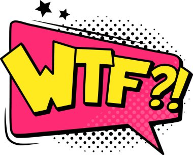 Canlı renklerle dolu renkli bir konuşma balonu, şaşkınlık, şaşkınlık ve inançsızlığı ifade ediyor, eski çizgi roman tarzında şakacı yarım tonlu noktalar ve kaprisli yıldızlarla süslenmiş.