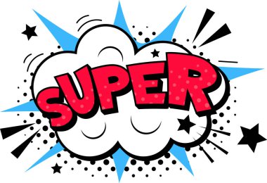 Super comic pop art expression exploding from a cloud with stars and halftone dots conveying strength and power, ideal for superhero themed projects clipart