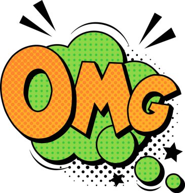 Canlı yeşil bir buluttan fışkıran renkli pop sanatının ifadesi, yarım tonluk noktalar ve yıldızlarla dolu, neşeli, komik bir tarzda sürpriz ve heyecan hislerini canlı bir şekilde yakalıyor.