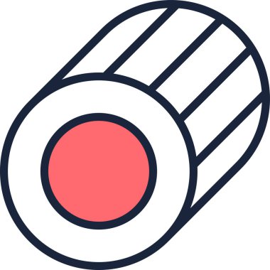 Somon ve pirinç suşi rulosu simgesi, temiz çizgileri ve zıt renkleri olan minimalist bir tasarıma sahip, yemek blogları, restoran menüleri veya Japon mutfağı ile ilgili projeler için ideal.
