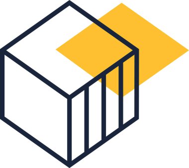 Isometric küp koyu siyah çizgilerle örtüşen parlak sarı bir kare, modern teknoloji şirketleri ve yenilikçi markalar için soyut bir logo oluşturur.