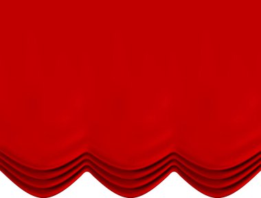 Kırmızı sahne perdeleri beyaz arka planda, dramatik ve gösterişli bir sahne arkaplanı ya da diğer etkinlikler için dalgalı bir şablon oluşturuyor.