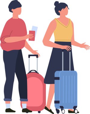 Pasaportlu ve bavullu turistler havaalanı terminalinde bekliyor. Heyecan verici yerlere doğru yola çıkmak için sabırsızlıkla bekliyorlar.