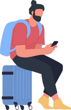 Sırt çantalı genç sakallı turist akıllı telefon kullanarak beyaz arka planda izole edilmiş düz vektör çizimi, seyahat ve turizm konseptini bekliyor.