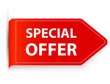Kırmızı ok biçimli özel teklif etiketi eğri köşeli ve beyaz arkaplan üzerinde beyaz metin tanıtım, indirim ve pazarlamayı temsil ediyor