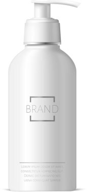 Güzellik ürünü, şampuan, sabun, losyon ya da nemlendirici içeren pompalı gerçekçi plastik kozmetik şişesi beyaz arka planda izole edilmiş.