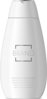 Beyaz plastik kozmetik şişesinde boş bir logo ve şampuan ya da nemlendirici içeren, minimalist estetik bir arkaplan için beyaz bir arka plana yerleştirilmiş, jenerik metin var.