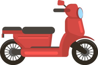 Siyah koltuklu ve tekerli beyaz arka planda duran kırmızı scooter, modern bir aracın minimalist vektör çizimi, kentsel ulaşım konsepti