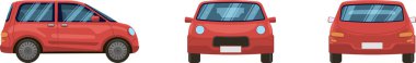 Ulaşım ve otomotiv endüstrisi ile ilgili çeşitli projeler için kullanışlı, ön, yan ve arka üç farklı görünümlü genel kırmızı kompakt araba sunuldu