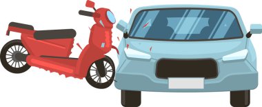 Açık mavi bir arabanın kenarına çarpan kırmızı bir scooter 'ın yol kazası, her iki aracın da ön görüntüde hasar görmesine neden oldu.